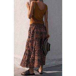 Free People Women’s Large Tierd A-Line Printed Midi Skirt Rust/Black